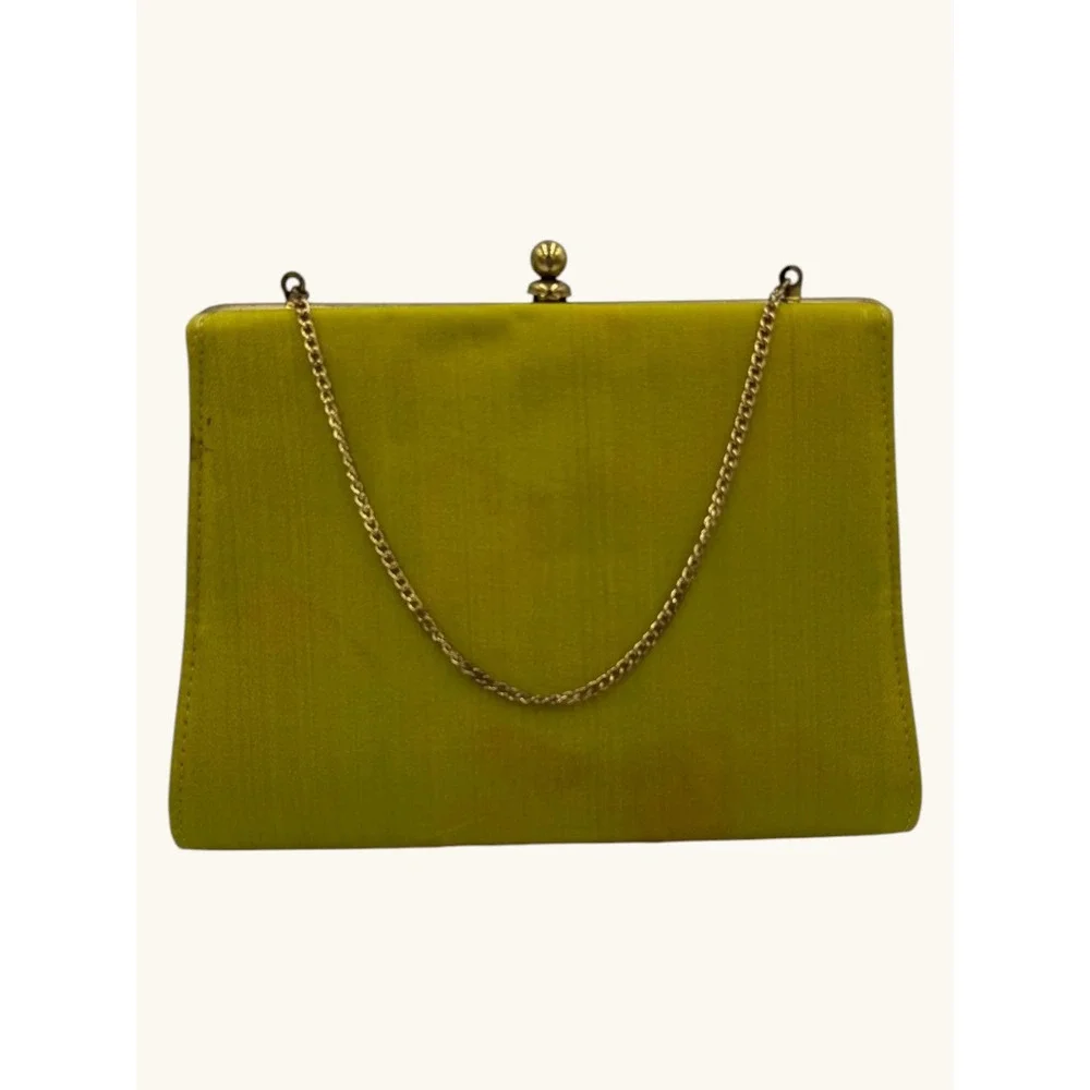 Vintage Chartreuse Green Silk Clutch Bag Gold Chain Strap Evening Purse